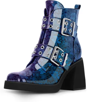 Women's Platform Chunky Heel Buckle Ankle Boots Patent Leather Side Zipper Booties