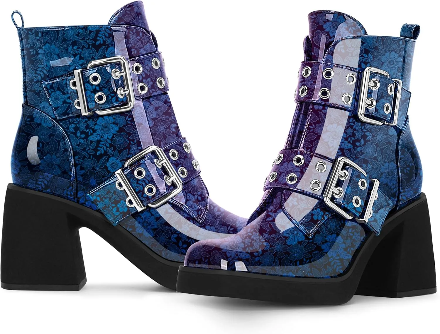 Women's Platform Chunky Heel Buckle Ankle Boots Patent Leather Side Zipper Booties