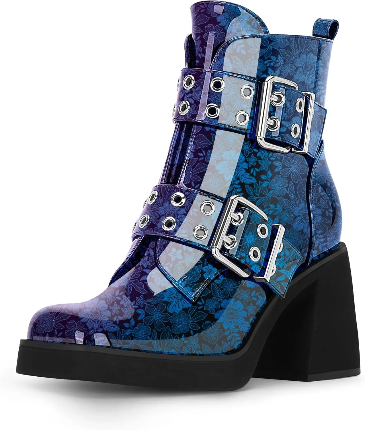 Women's Platform Chunky Heel Buckle Ankle Boots Patent Leather Side Zipper Booties