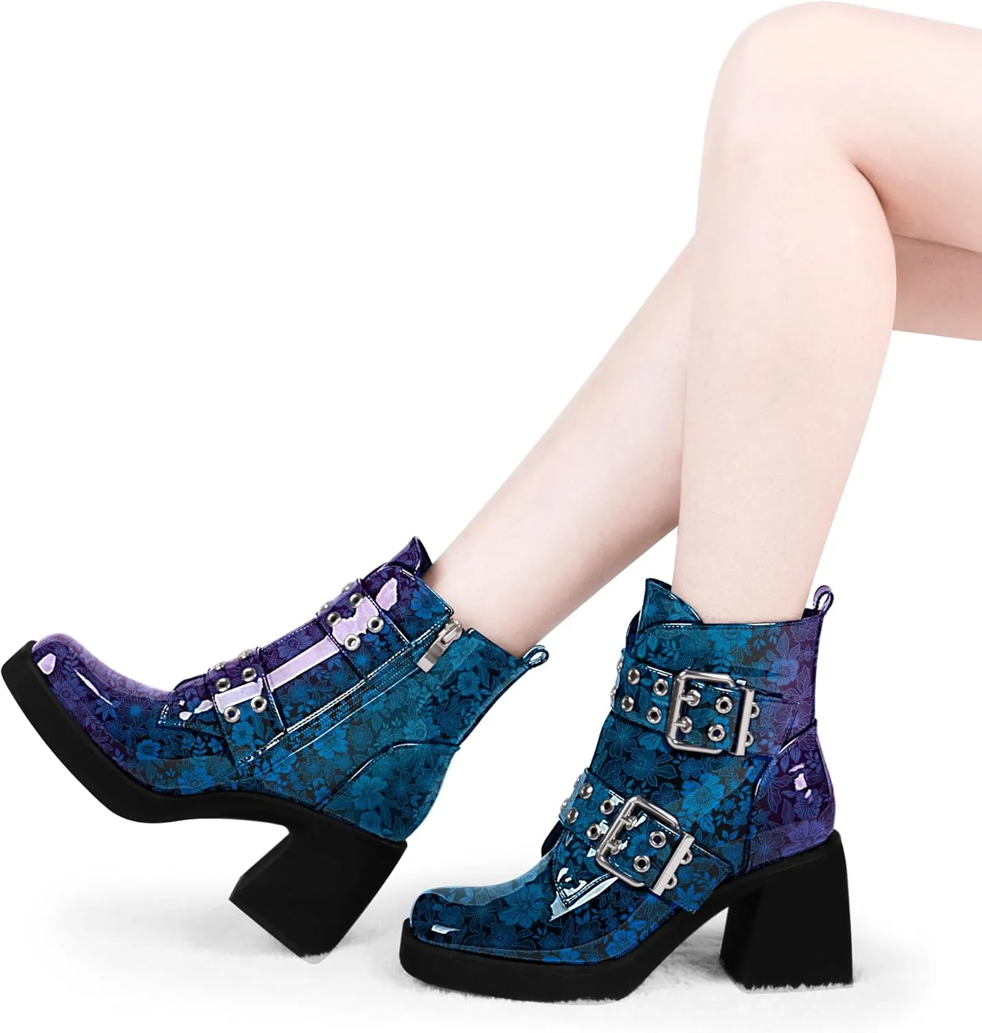 Women's Platform Chunky Heel Buckle Ankle Boots Patent Leather Side Zipper Booties