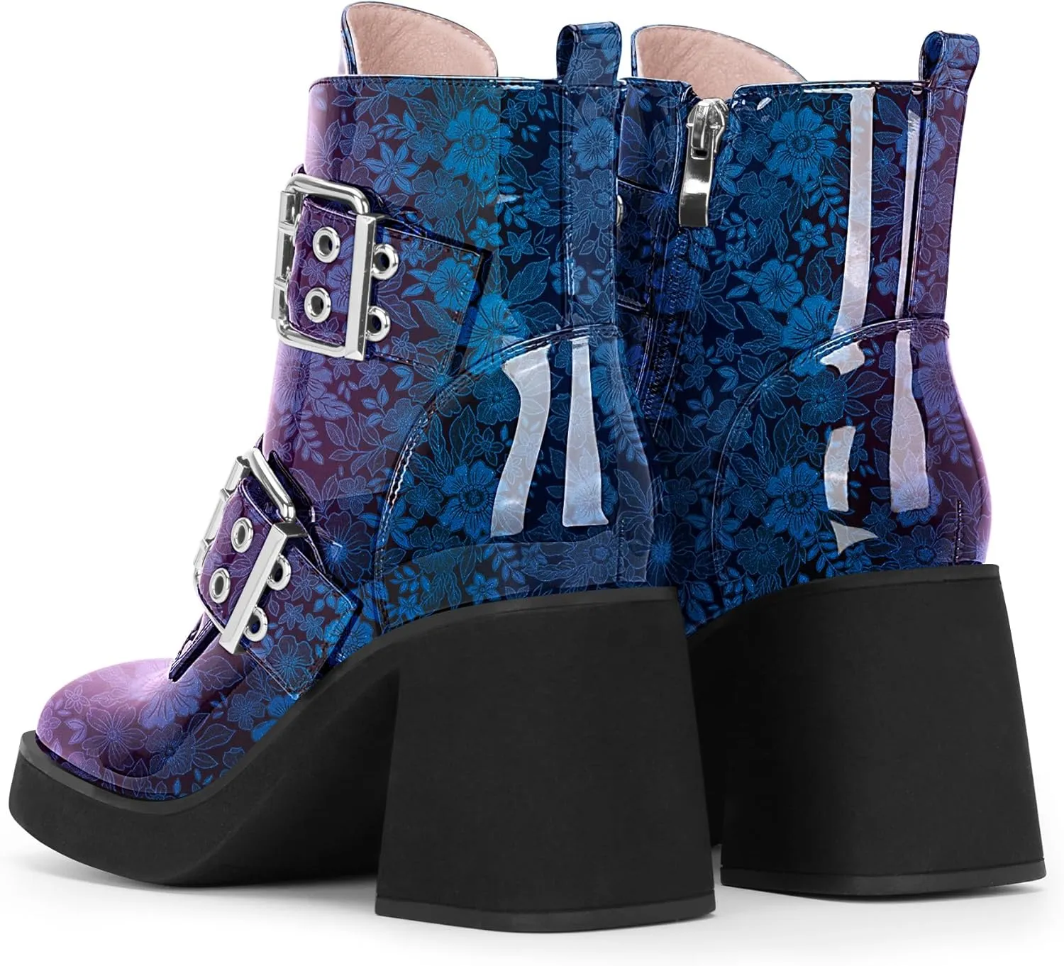 Women's Platform Chunky Heel Buckle Ankle Boots Patent Leather Side Zipper Booties