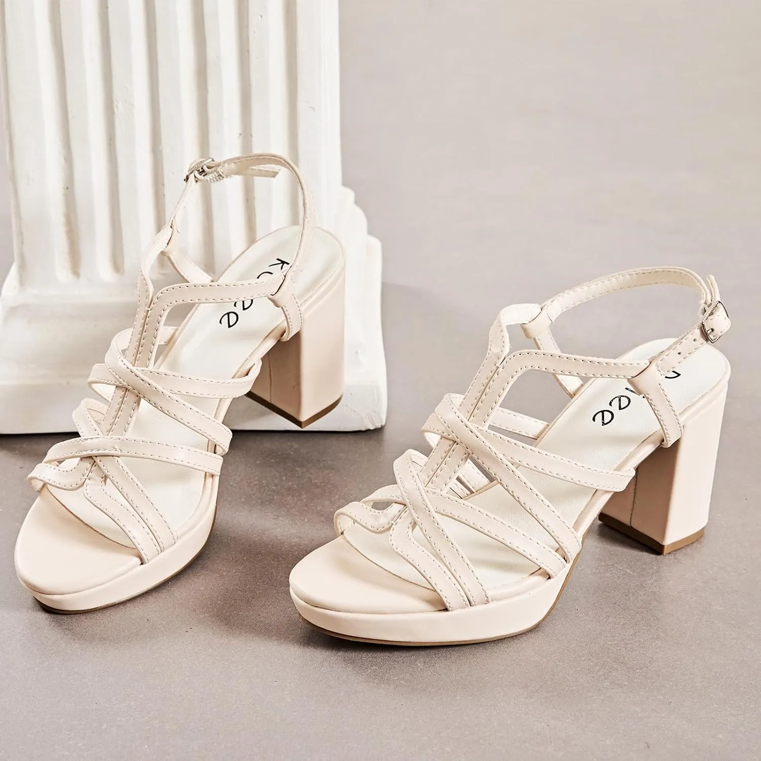 Women's Platform Heels Chunky Heeled Sandals, Ankle Strappy Round Open Toe Dressy Shoes Wedding Party High Pump Heels for Women.