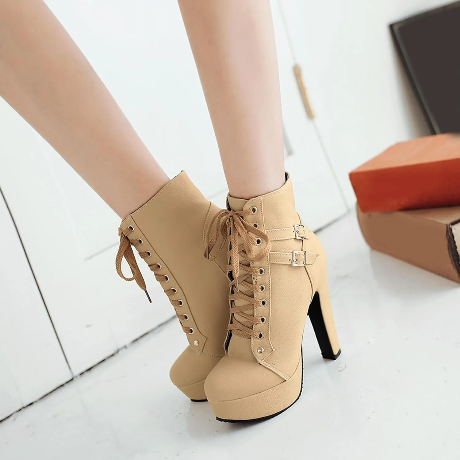 Womens Platform Lace Up Biker Boots Chunky High Heel Booties Buckle