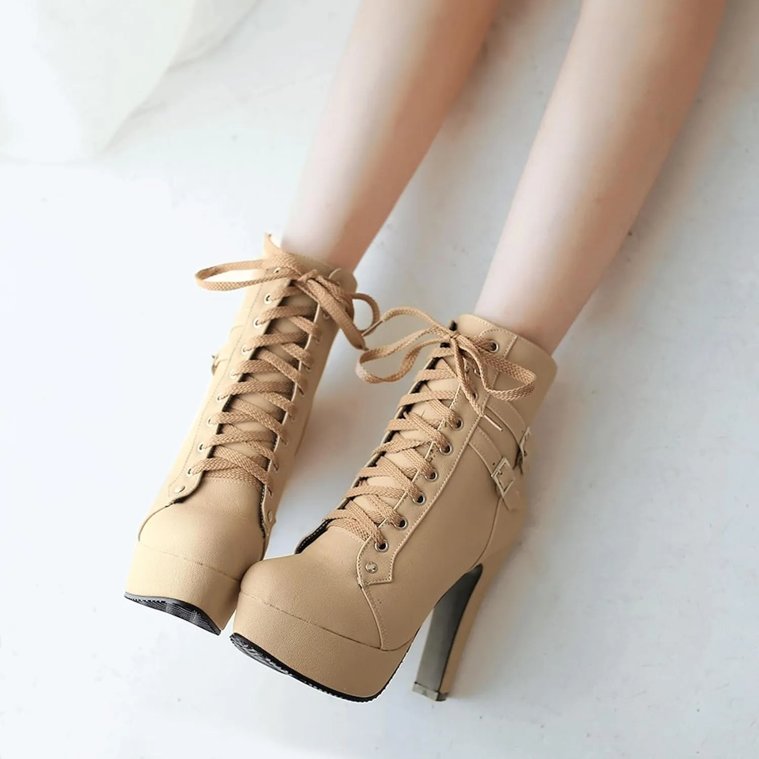Womens Platform Lace Up Biker Boots Chunky High Heel Booties Buckle