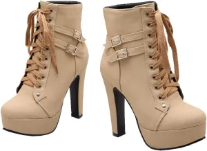 Womens Platform Lace Up Biker Boots Chunky High Heel Booties Buckle