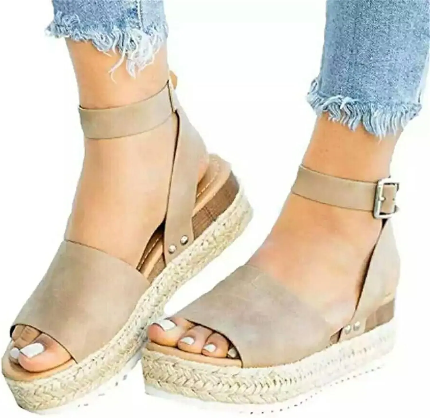 Womens Platform Sandals Comfortable Arch Support Wedge Sandals Summer Buckle Casual Sandal Open Toe Espadrilles Boho Summer Beach Shoes Comfortable Outdoor Walking Shoes