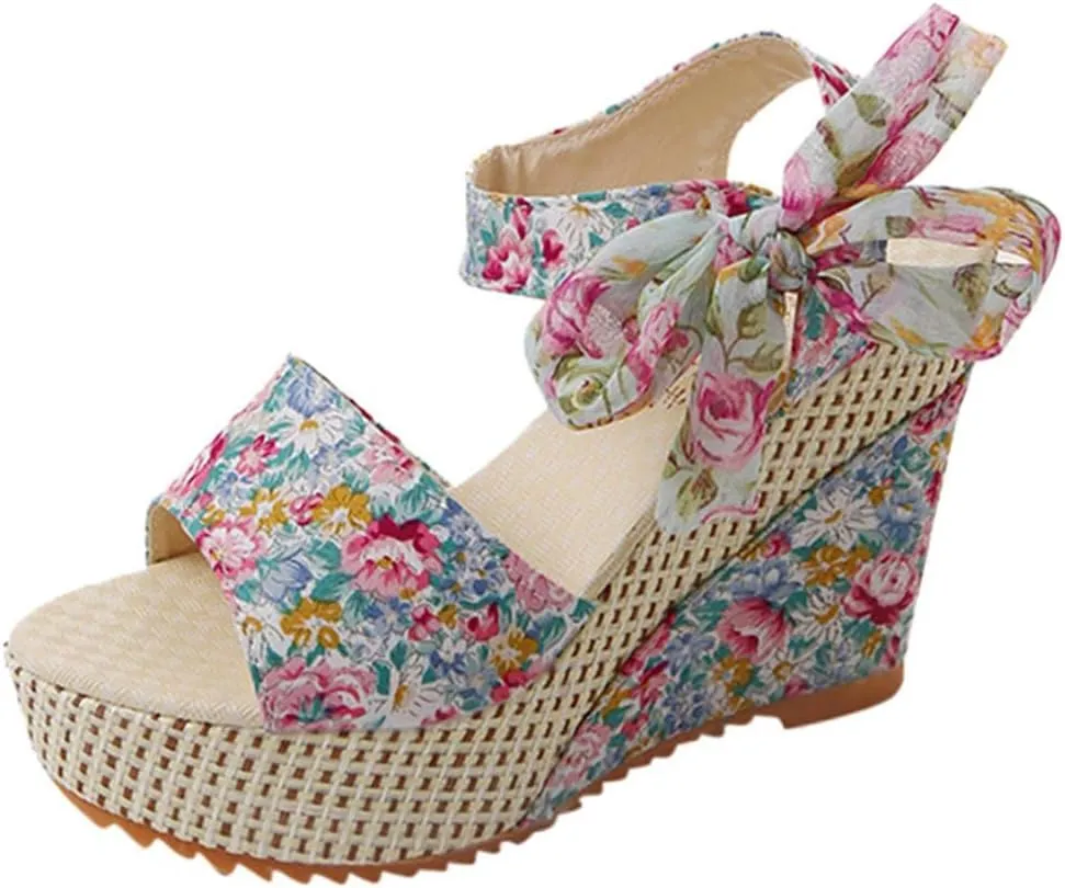 Women's Platform Sandals Wedge Open Toe Ankle Strap Lace Wedding Bridesmaid Shoes Bohemia Comfortable Low Heel Rhinestone