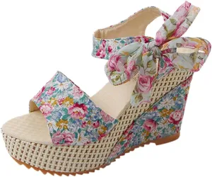 Women's Platform Sandals Wedge Open Toe Ankle Strap Lace Wedding Bridesmaid Shoes Bohemia Comfortable Low Heel Rhinestone