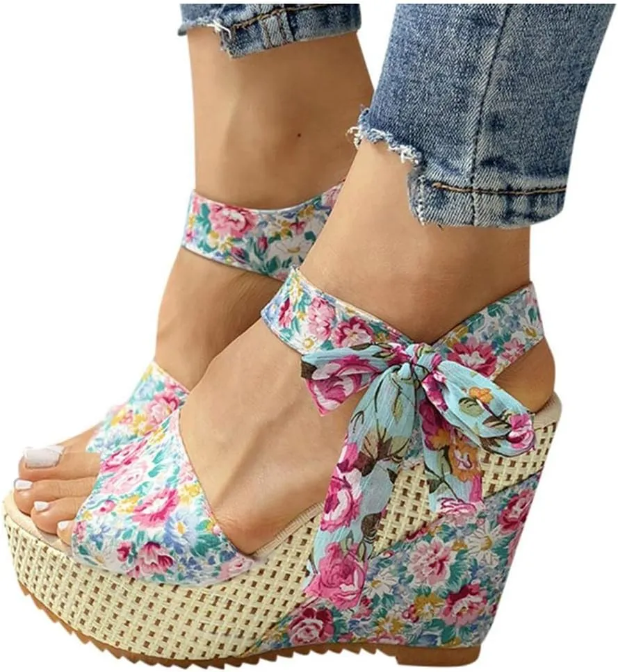 Women's Platform Sandals Wedge Open Toe Ankle Strap Lace Wedding Bridesmaid Shoes Bohemia Comfortable Low Heel Rhinestone