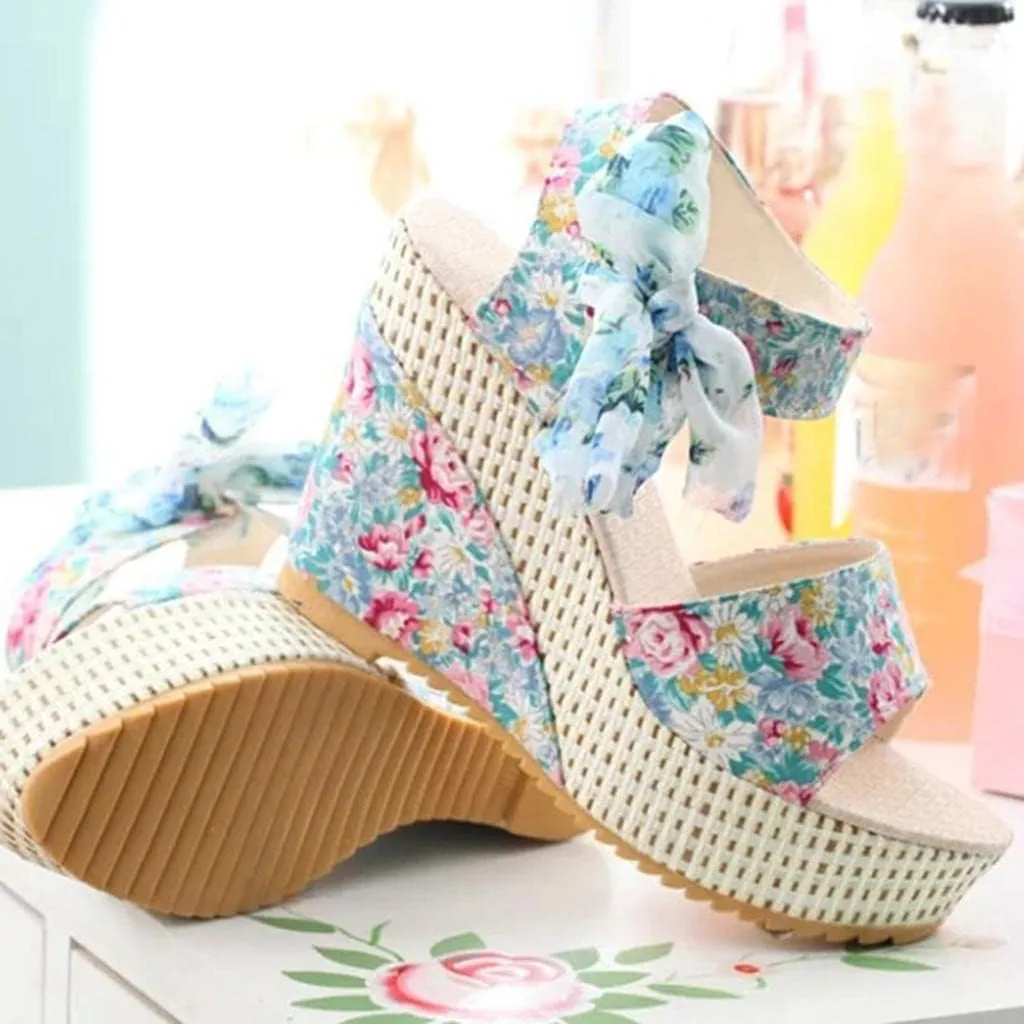 Women's Platform Sandals Wedge Open Toe Ankle Strap Lace Wedding Bridesmaid Shoes Bohemia Comfortable Low Heel Rhinestone