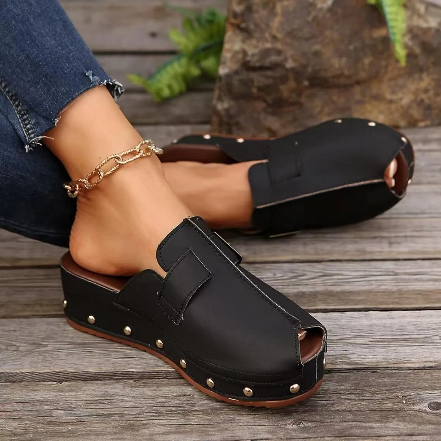 Women's Platform Wedge Sandals Chunky Heel Fish Mouth Platform Sandals Anti-Slip & Wear-Resistant Shoes Locking Design Walking Sandal Slip on Mules and Clogs