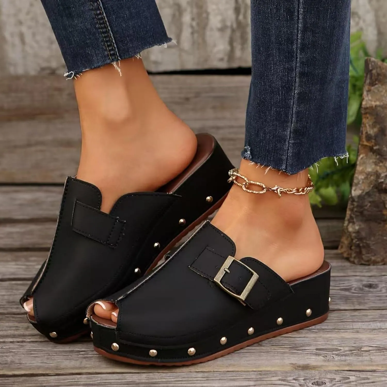 Women's Platform Wedge Sandals Chunky Heel Fish Mouth Platform Sandals Anti-Slip & Wear-Resistant Shoes Locking Design Walking Sandal Slip on Mules and Clogs
