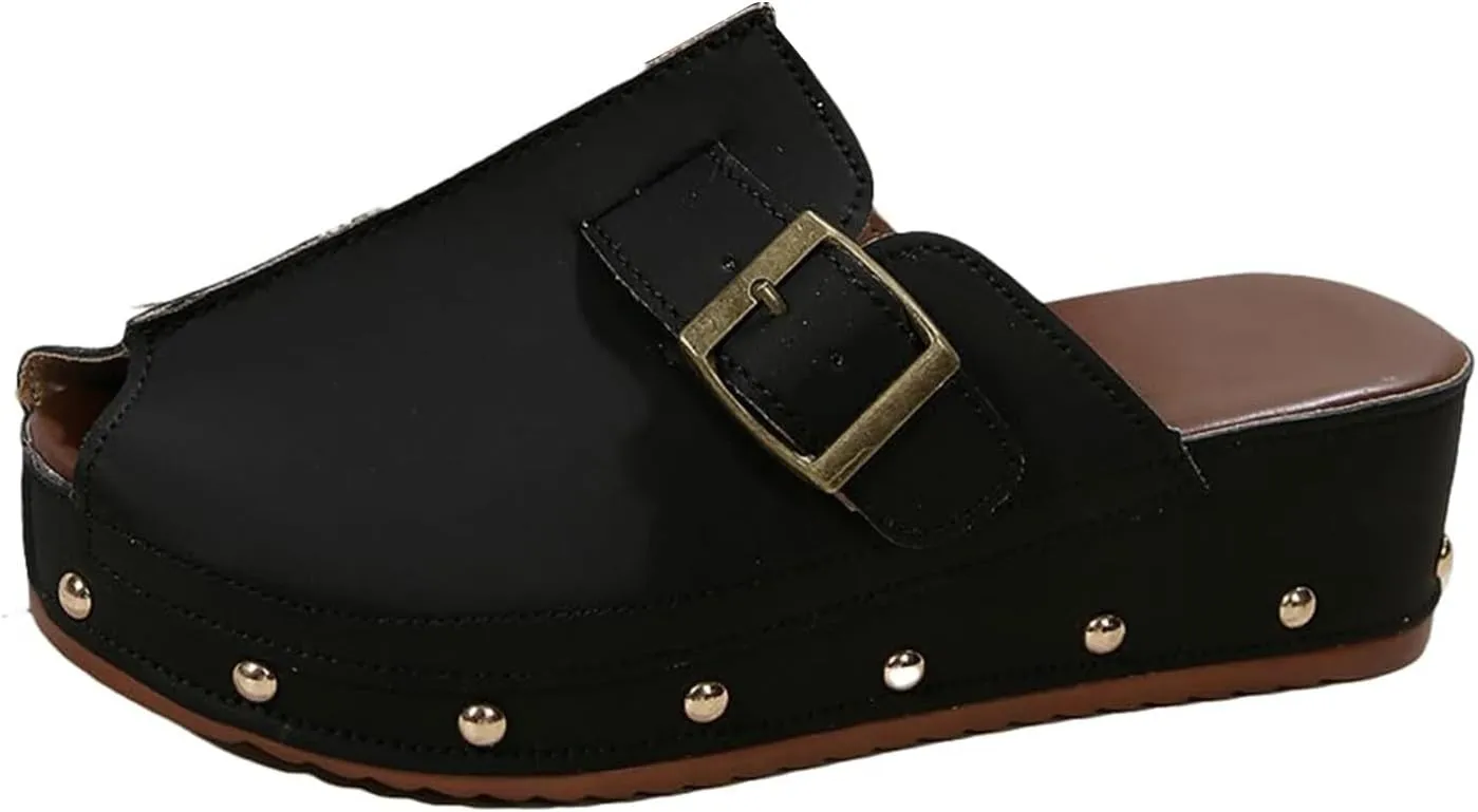 Women's Platform Wedge Sandals Chunky Heel Fish Mouth Platform Sandals Anti-Slip & Wear-Resistant Shoes Locking Design Walking Sandal Slip on Mules and Clogs