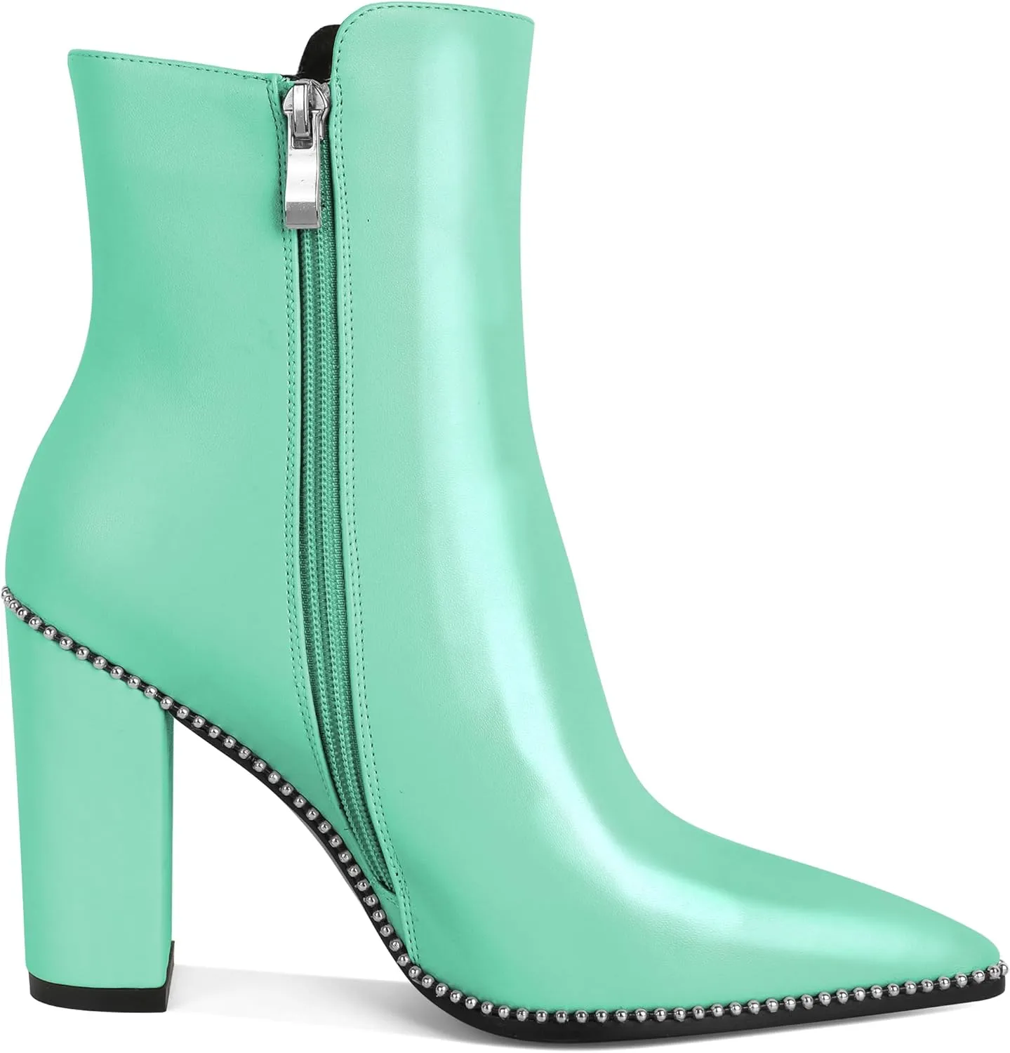 Womens Pointed Toe Beaded Chunky Ankle Boots Side Zipper 3.7 Inches High Heel Short Boots