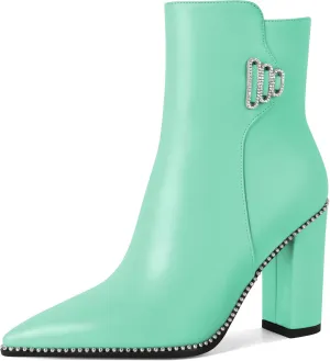 Womens Pointed Toe Beaded Chunky Ankle Boots Side Zipper 3.7 Inches High Heel Short Boots
