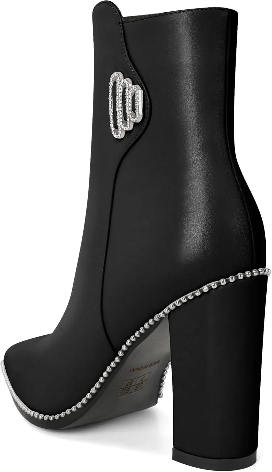 Womens Pointed Toe Beaded Chunky Ankle Boots Side Zipper 3.7 Inches High Heel Short Boots
