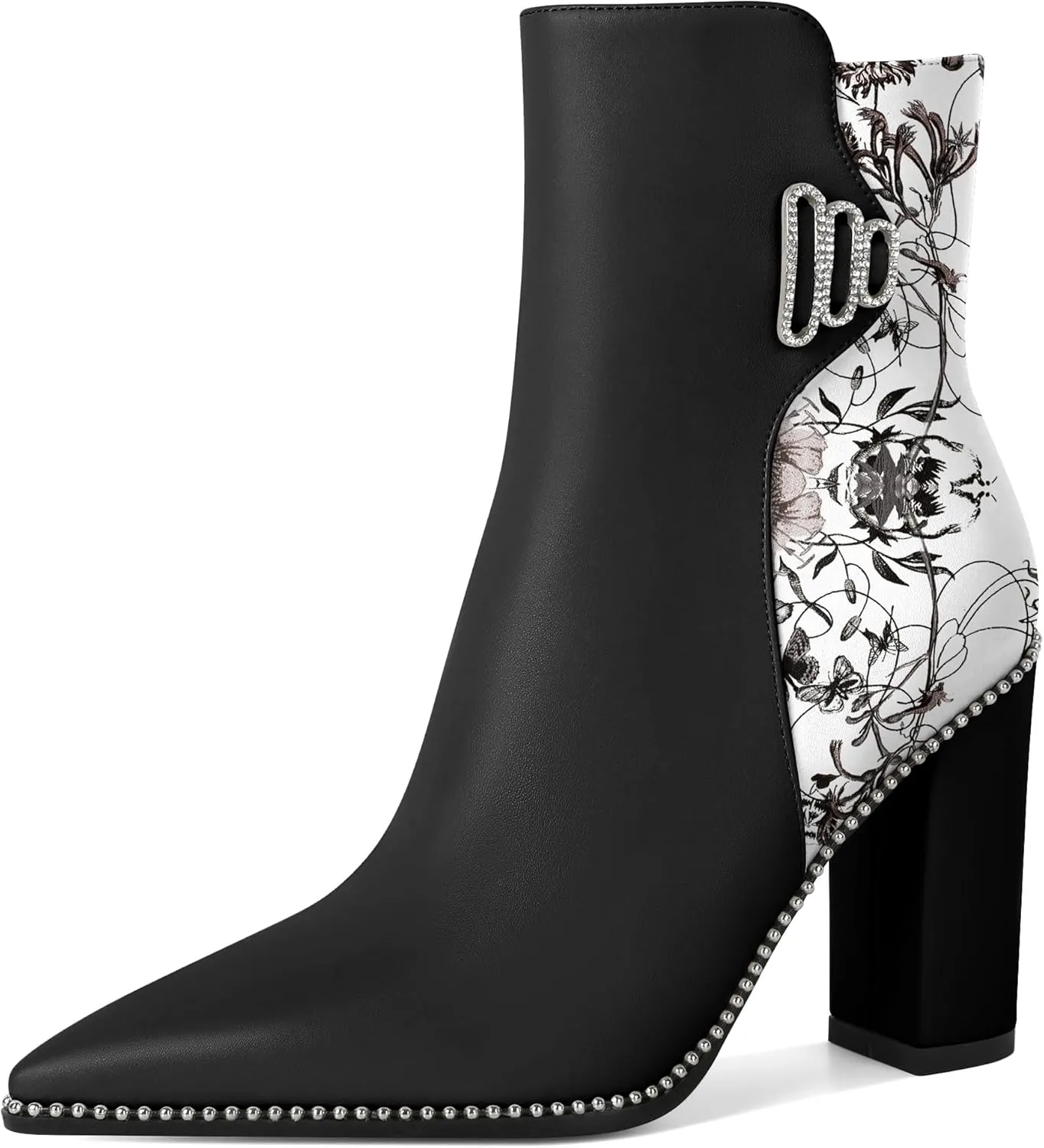 Womens Pointed Toe Beaded Chunky Ankle Boots Side Zipper 3.7 Inches High Heel Short Boots