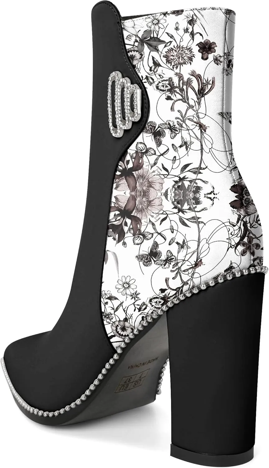 Womens Pointed Toe Beaded Chunky Ankle Boots Side Zipper 3.7 Inches High Heel Short Boots