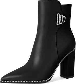 Womens Pointed Toe Beaded Chunky Ankle Boots Side Zipper 3.7 Inches High Heel Short Boots