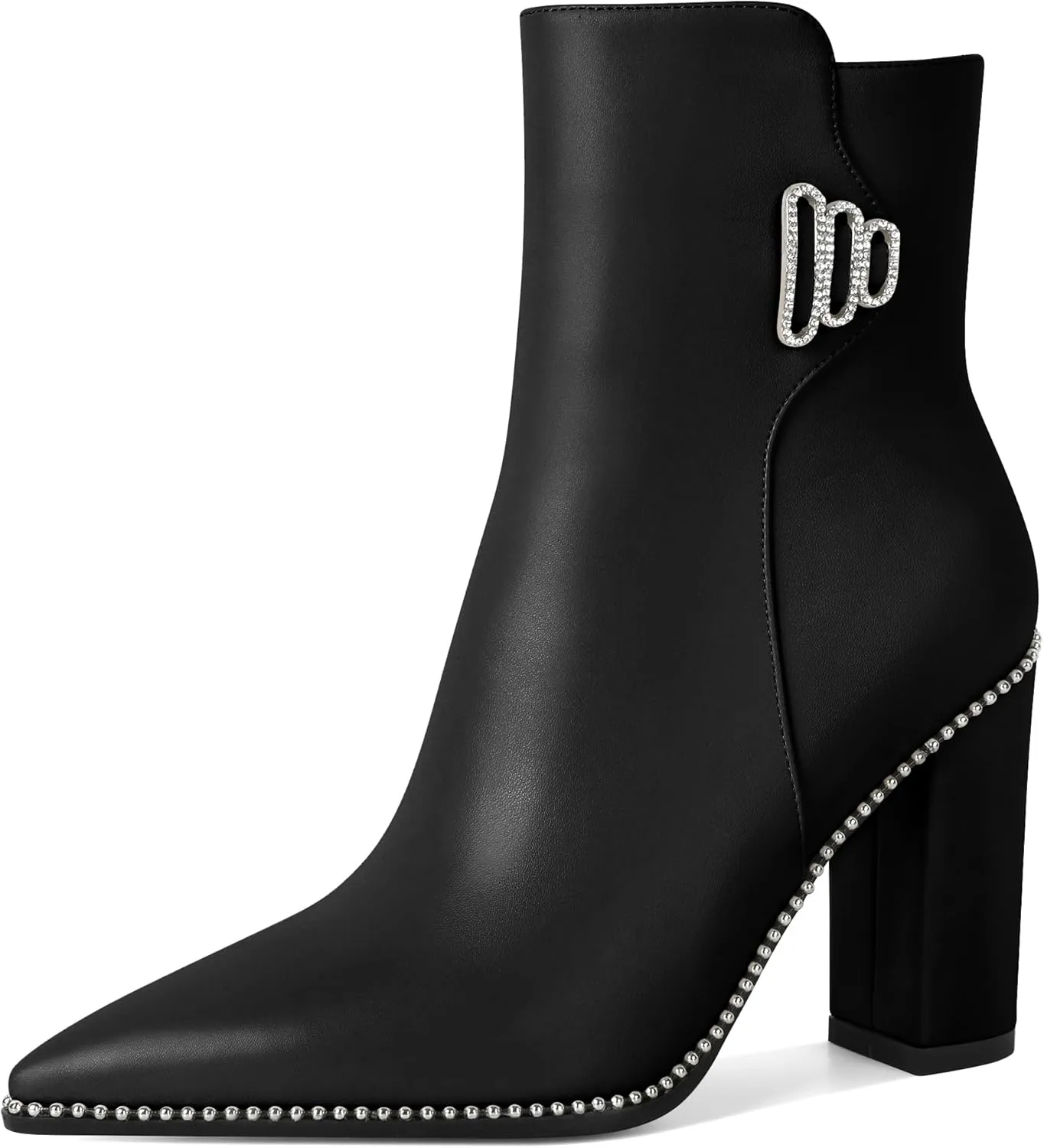 Womens Pointed Toe Beaded Chunky Ankle Boots Side Zipper 3.7 Inches High Heel Short Boots