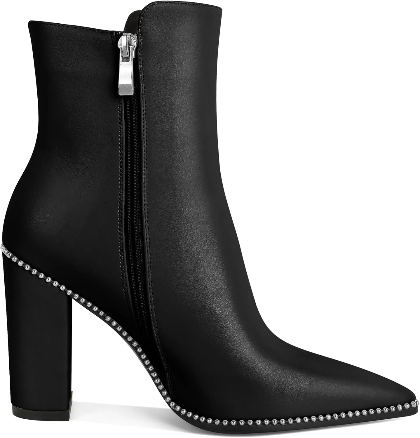 Womens Pointed Toe Beaded Chunky Ankle Boots Side Zipper 3.7 Inches High Heel Short Boots