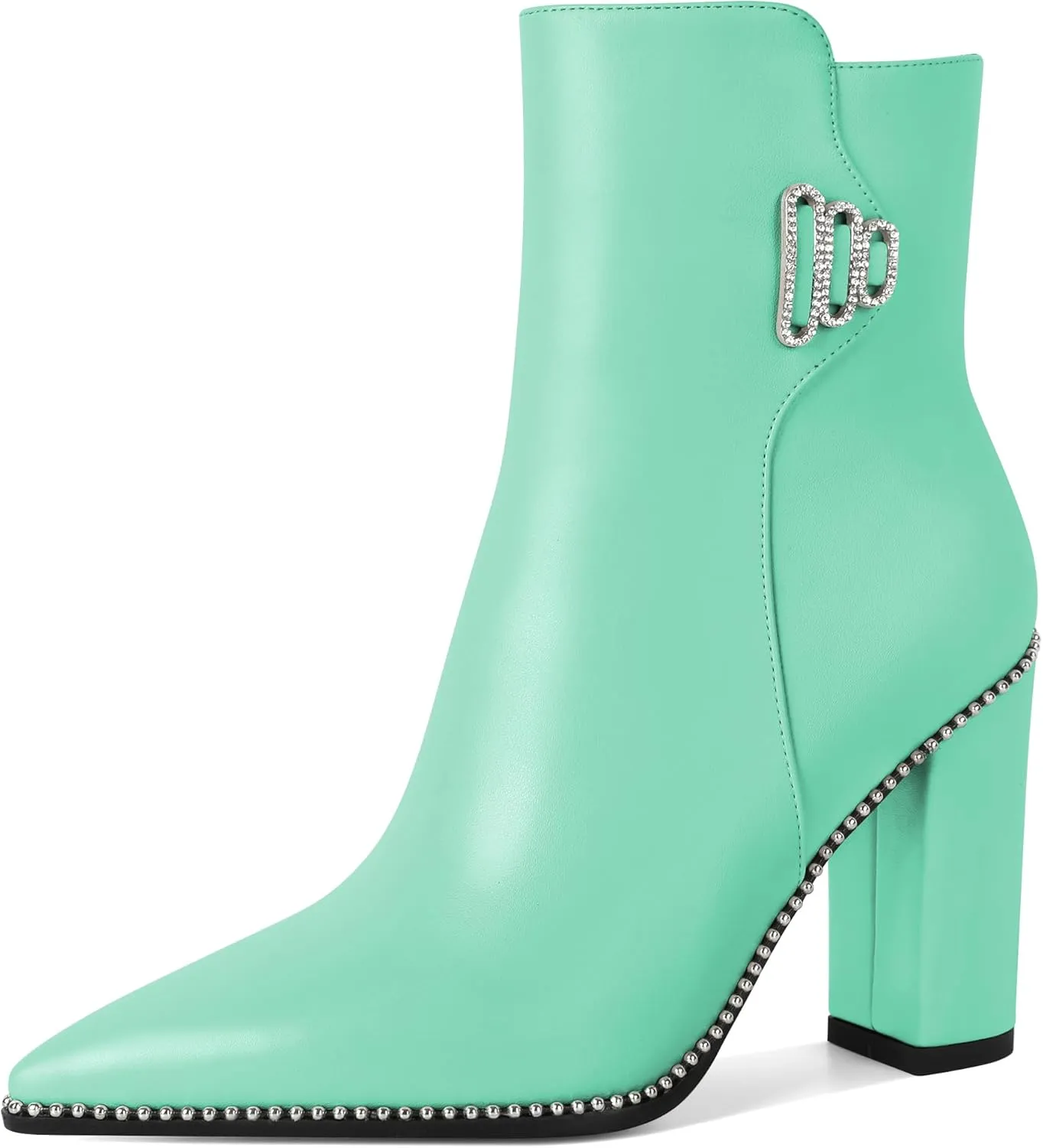 Womens Pointed Toe Beaded Chunky Ankle Boots Side Zipper 3.7 Inches High Heel Short Boots