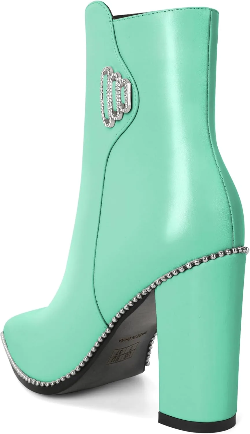 Womens Pointed Toe Beaded Chunky Ankle Boots Side Zipper 3.7 Inches High Heel Short Boots