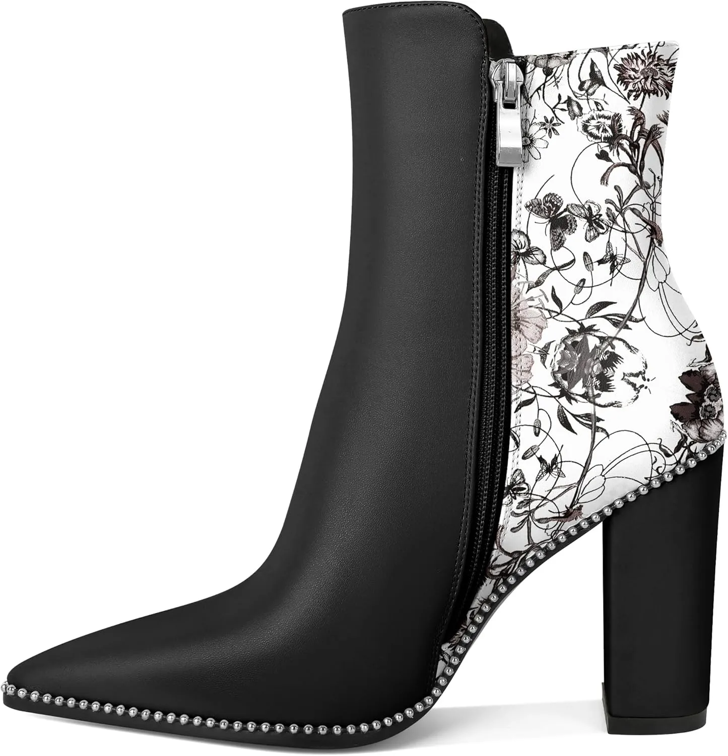 Womens Pointed Toe Beaded Chunky Ankle Boots Side Zipper 3.7 Inches High Heel Short Boots