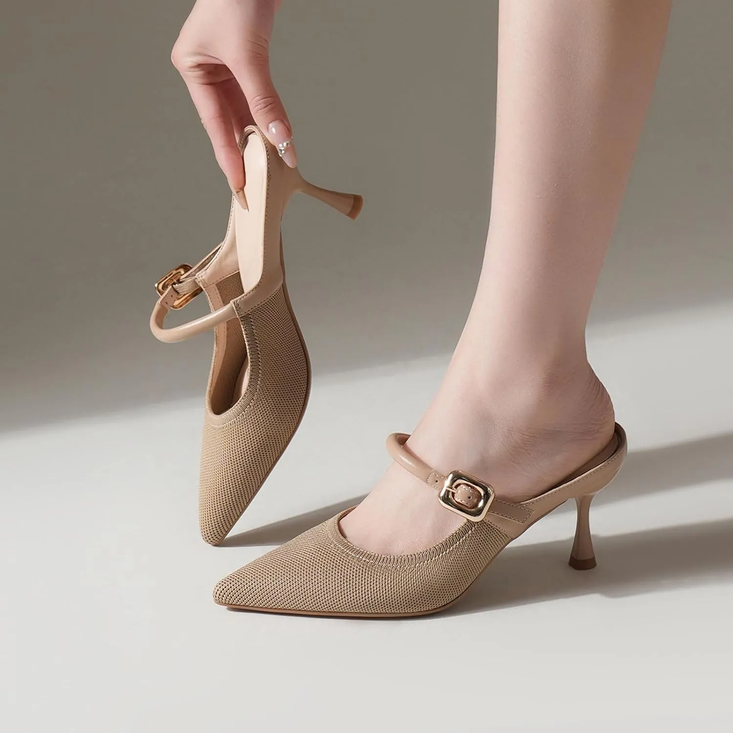 Women's Pointed Toe Heel Mules for Women Knit Heeled Sandals Slip On Breathable Slides Sandals