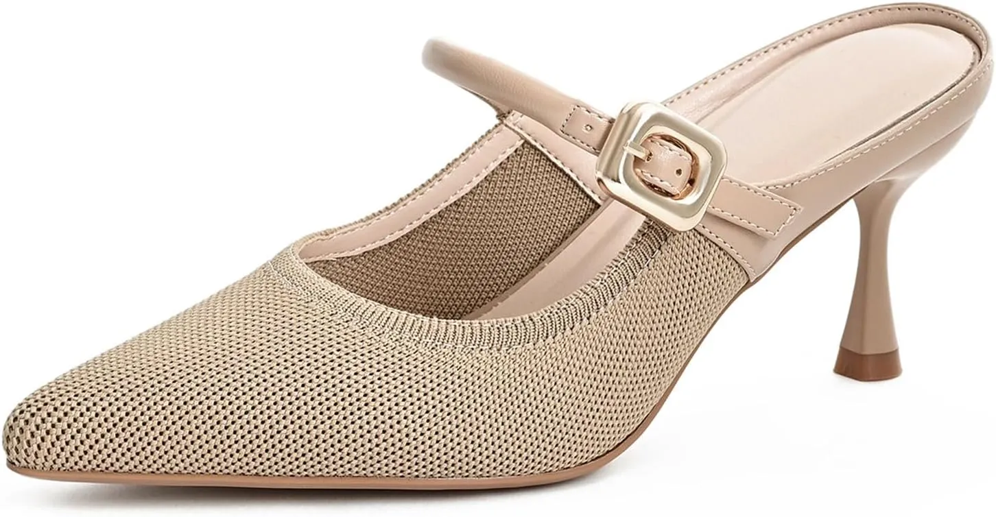 Women's Pointed Toe Heel Mules for Women Knit Heeled Sandals Slip On Breathable Slides Sandals