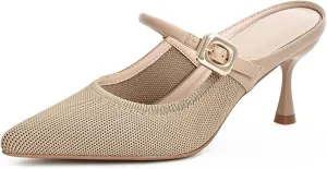Women's Pointed Toe Heel Mules for Women Knit Heeled Sandals Slip On Breathable Slides Sandals