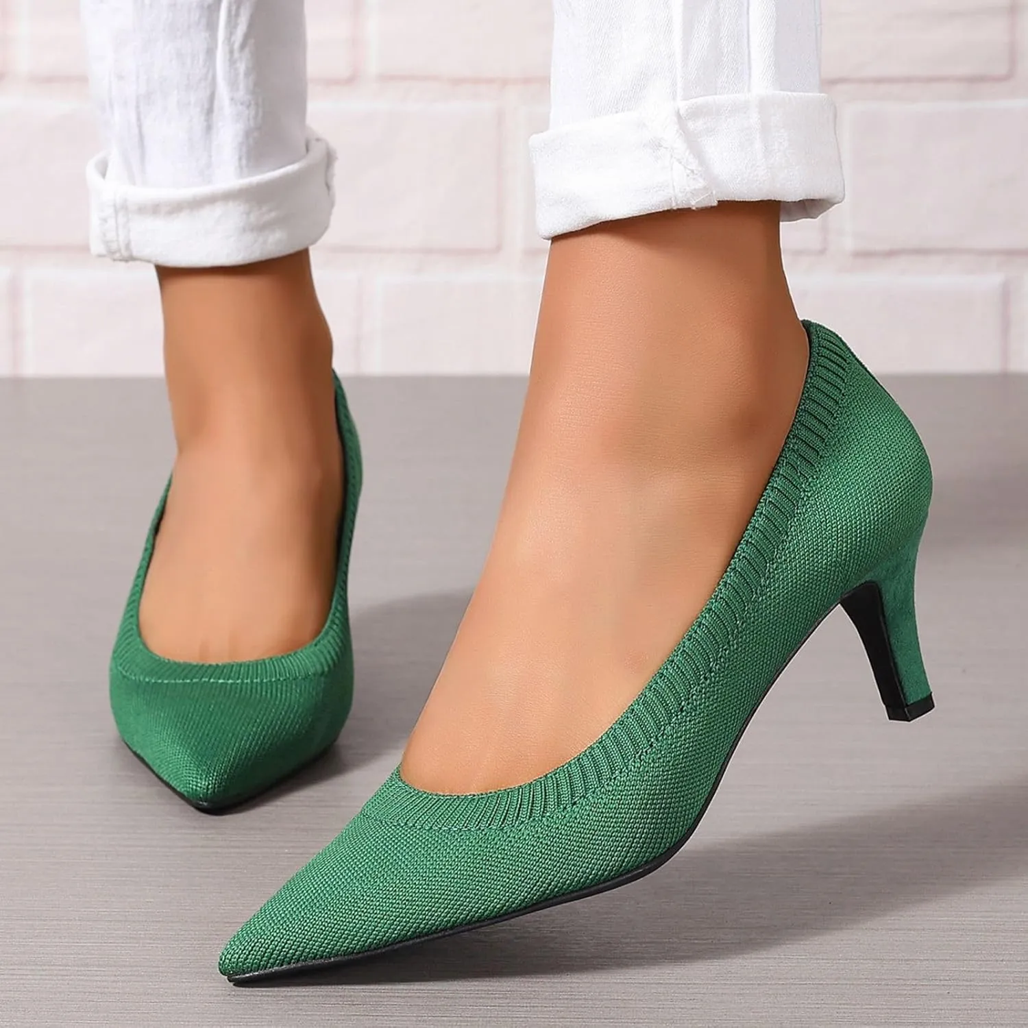 Women's Pumps Kitten Heel Pump Shoes Pointed Toe Knit Comfortable Casual Party Dressy Low Heel Dress Shoes