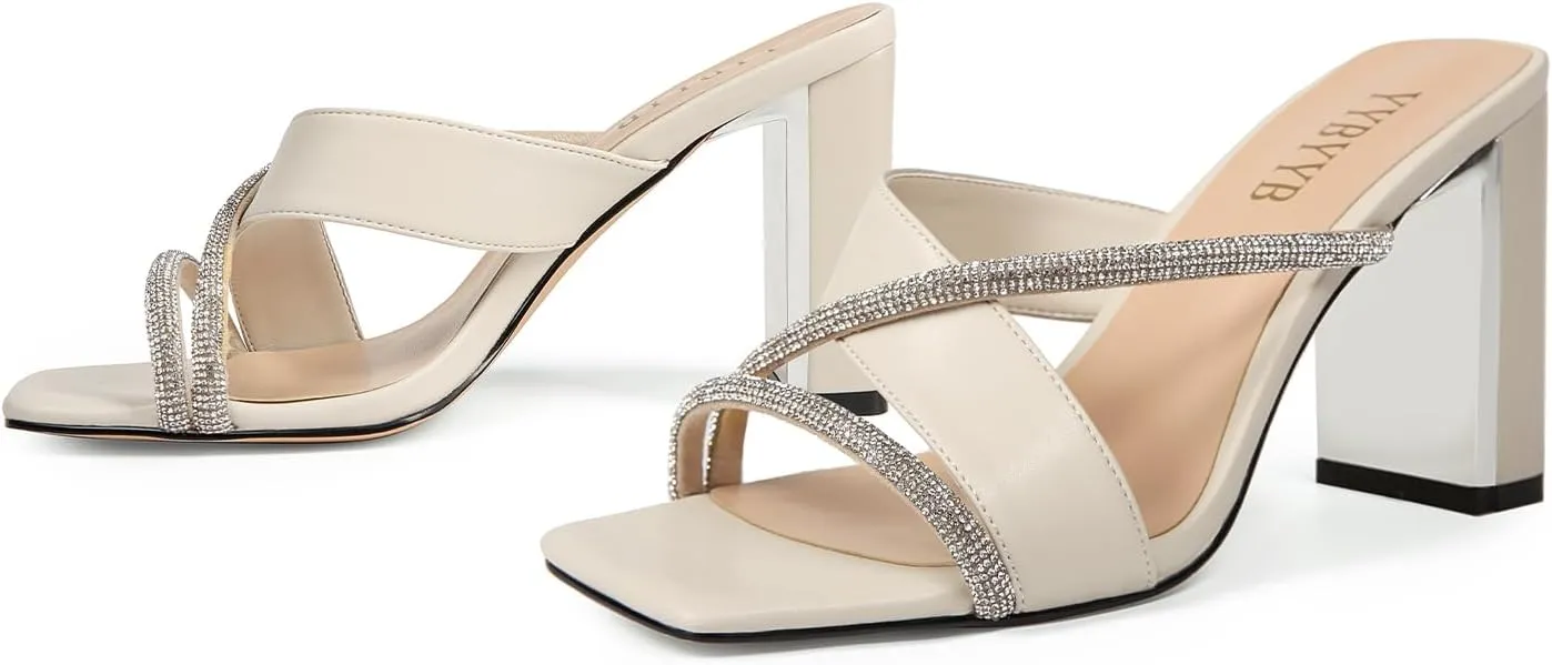 Women's Rhinestone Chunky Heels Square Open Toe Slip On Mules Summer Wedding Party Dress Shoes