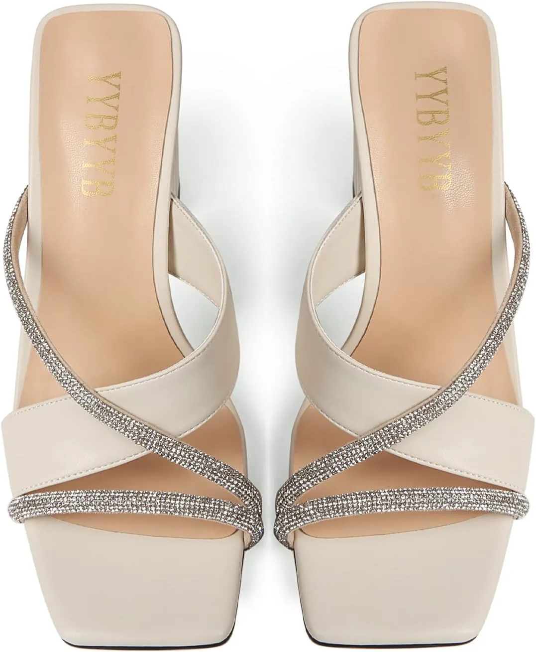 Women's Rhinestone Chunky Heels Square Open Toe Slip On Mules Summer Wedding Party Dress Shoes