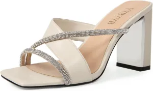 Women's Rhinestone Chunky Heels Square Open Toe Slip On Mules Summer Wedding Party Dress Shoes