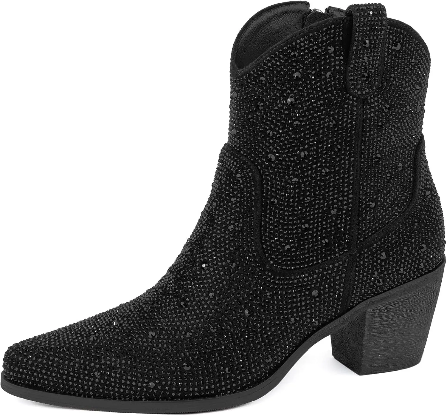 Women’s Rhinestone Cowboy Boots Mid Calf Pointed Toe Sparkly Block Heel Cowgirl Boots with Pull On Tabs