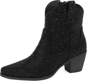 Women’s Rhinestone Cowboy Boots Mid Calf Pointed Toe Sparkly Block Heel Cowgirl Boots with Pull On Tabs