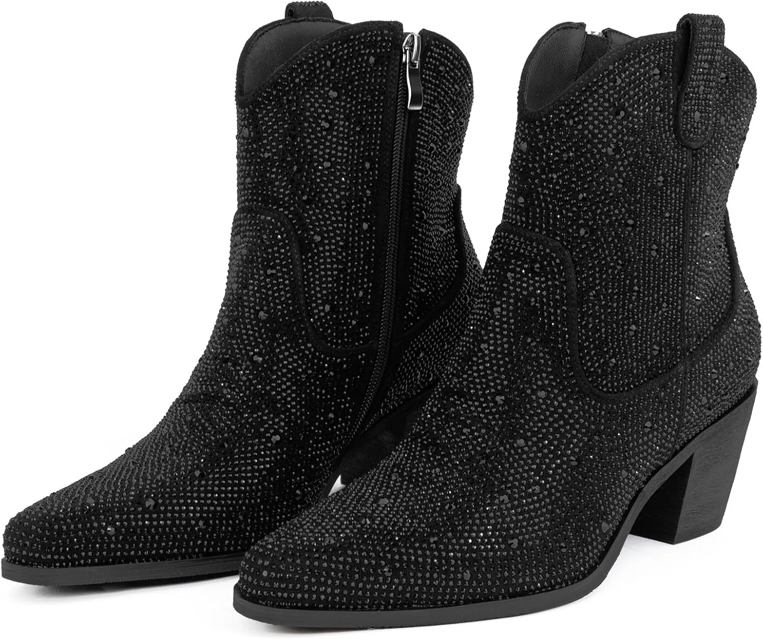Women’s Rhinestone Cowboy Boots Mid Calf Pointed Toe Sparkly Block Heel Cowgirl Boots with Pull On Tabs