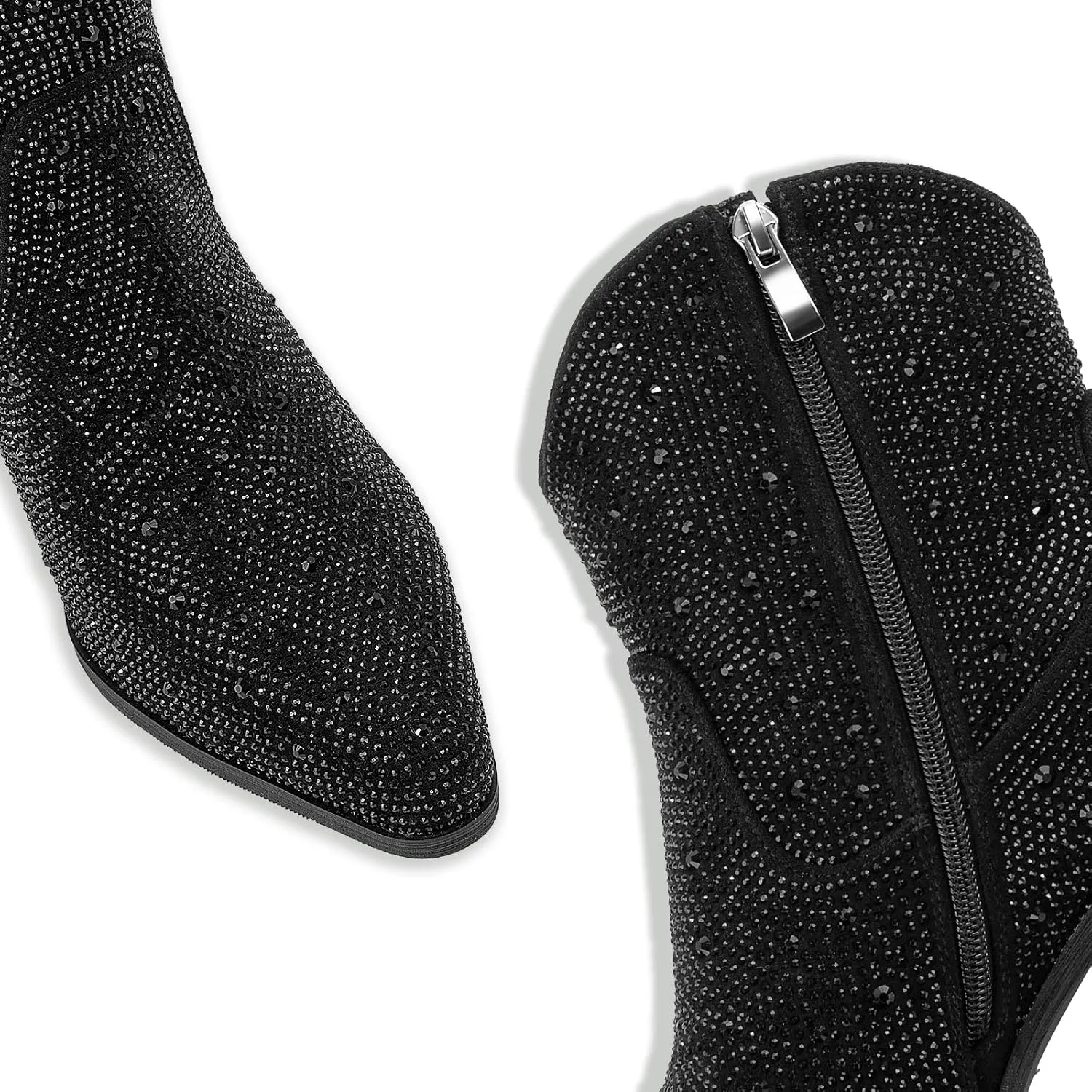 Women’s Rhinestone Cowboy Boots Mid Calf Pointed Toe Sparkly Block Heel Cowgirl Boots with Pull On Tabs