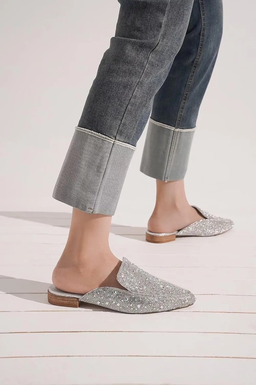 Women's Rhinestone Slip-On Mules Flat Mules Buckle Pointed Toe Backless Slip on Slides Loafer Shoes