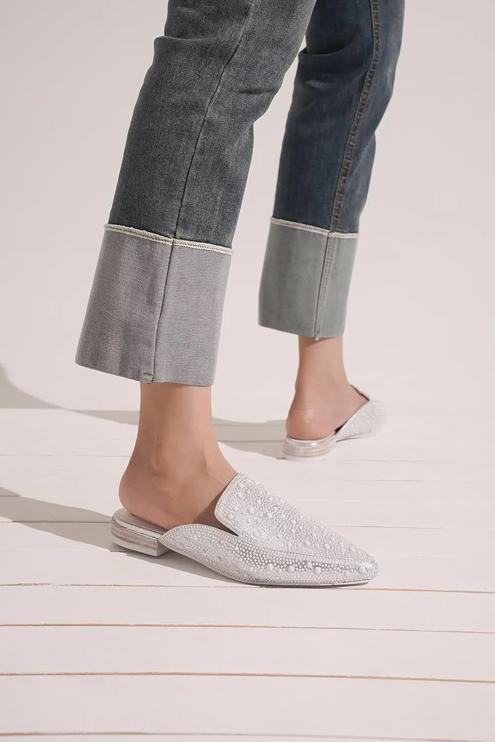 Women's Rhinestone Slip-On Mules Flat Mules Buckle Pointed Toe Backless Slip on Slides Loafer Shoes