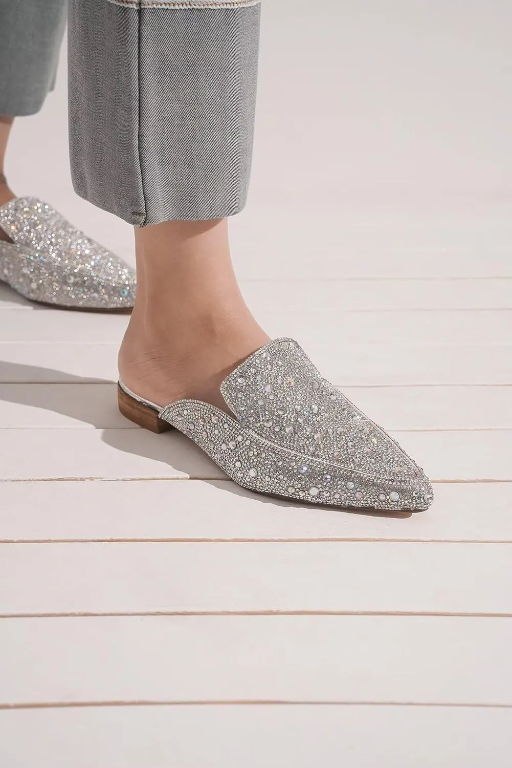 Women's Rhinestone Slip-On Mules Flat Mules Buckle Pointed Toe Backless Slip on Slides Loafer Shoes