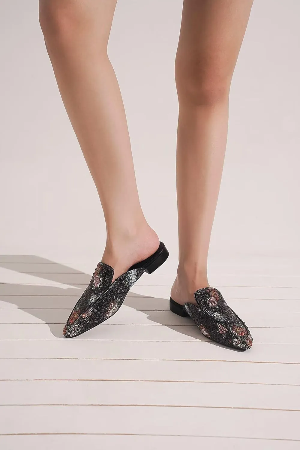 Women's Rhinestone Slip-On Mules Flat Mules Buckle Pointed Toe Backless Slip on Slides Loafer Shoes