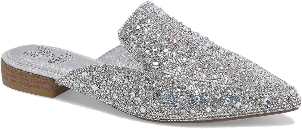 Women's Rhinestone Slip-On Mules Flat Mules Buckle Pointed Toe Backless Slip on Slides Loafer Shoes