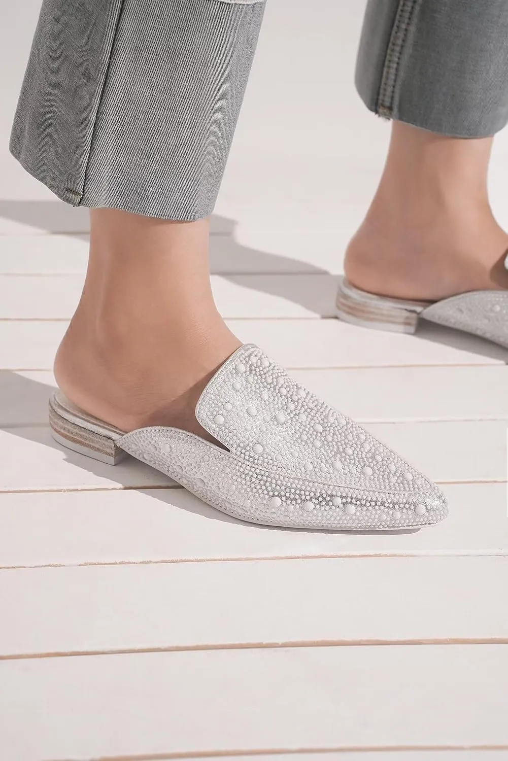 Women's Rhinestone Slip-On Mules Flat Mules Buckle Pointed Toe Backless Slip on Slides Loafer Shoes