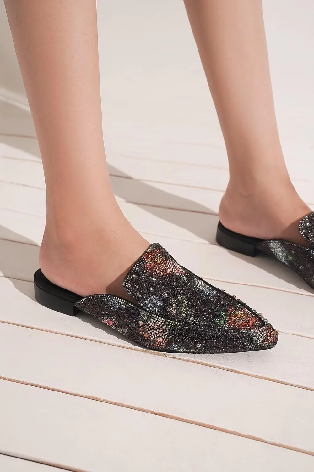Women's Rhinestone Slip-On Mules Flat Mules Buckle Pointed Toe Backless Slip on Slides Loafer Shoes