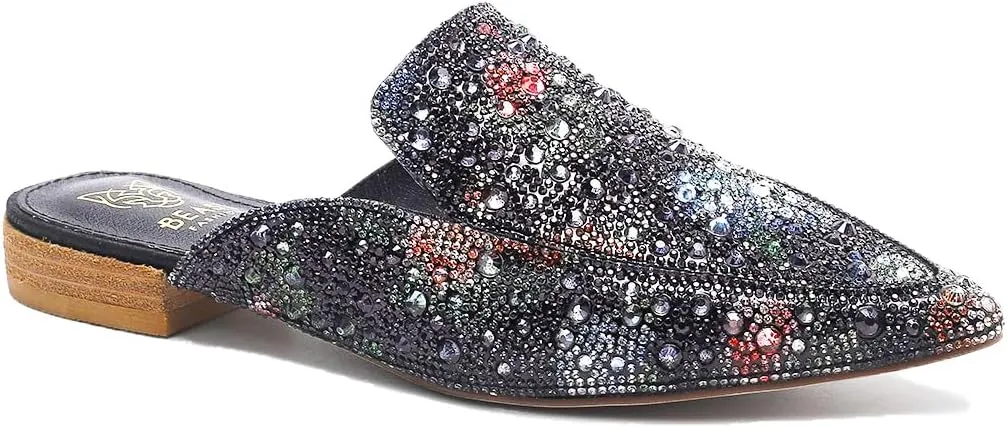 Women's Rhinestone Slip-On Mules Flat Mules Buckle Pointed Toe Backless Slip on Slides Loafer Shoes