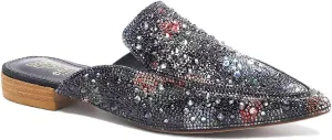 Women's Rhinestone Slip-On Mules Flat Mules Buckle Pointed Toe Backless Slip on Slides Loafer Shoes