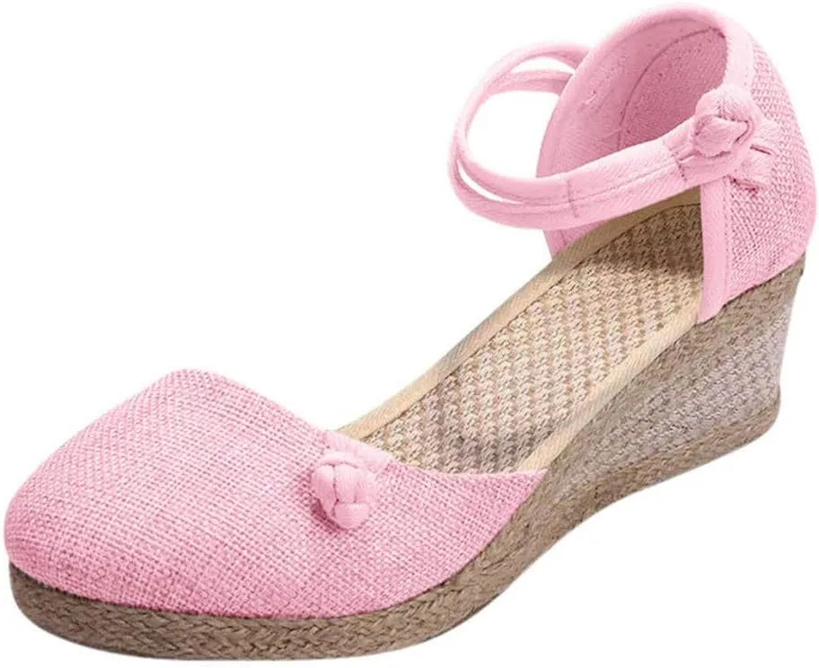 Womens Round Closed Toe Linen Wedges Buckle Strap Retro Espadrilles Summer Low Heel Comfortable Walking Sandals