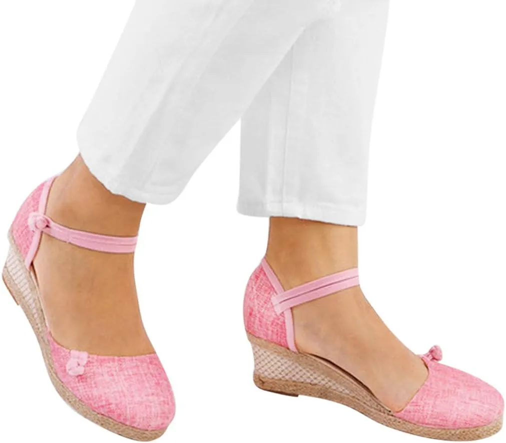 Womens Round Closed Toe Linen Wedges Buckle Strap Retro Espadrilles Summer Low Heel Comfortable Walking Sandals